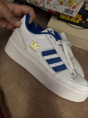 adidas White and Blue Platform Sneaker with Gold Trefoil